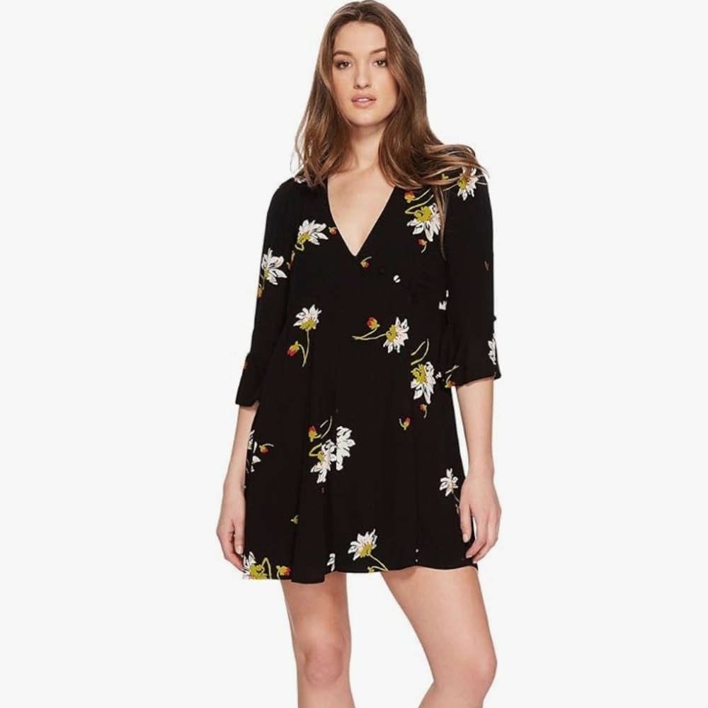 FREE PEOPLE Time On My Side Floral Print Black Wrap Mini Dress Women's Medium
